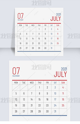 简约线框2021年七月日历