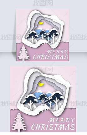 merry christmas cartoon paper cut style snow and pine instagram post