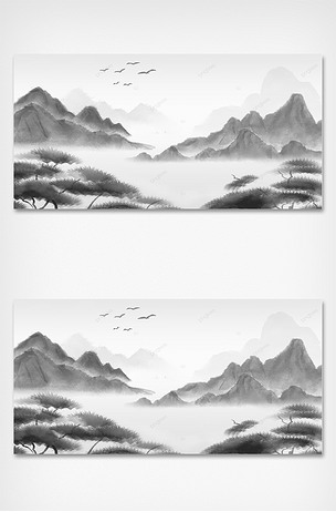 中国风格水彩水墨山水画背景