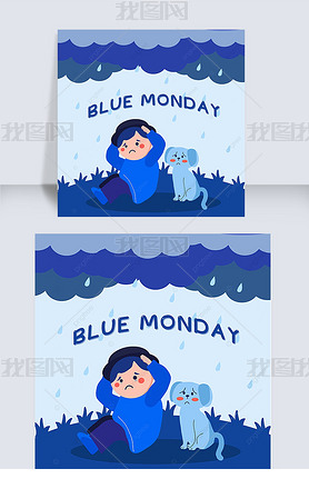 blue monday cartoon boy and dog cloud rain lovely instagram post