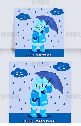 blue monday cartoon rabbit umbrella clouds rain lovely instagram post
