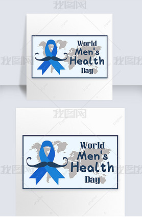 men s health day beard and ribbon world map blue web banner