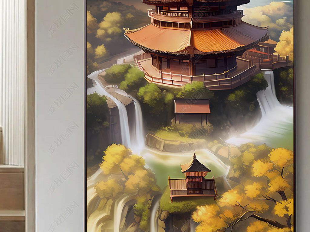 中国风复古山水建筑月亮原创装饰画国潮风格