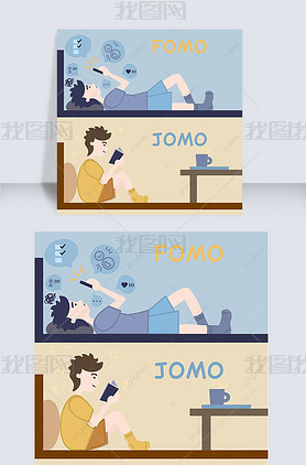 fomo vs jomo cute cartoon social boy media post