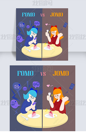 fomo vs jomo cute cartoon round table girl social media post