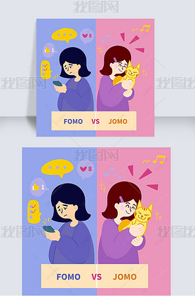 fomo vs jomo cute cartoon girl color contrast social media post