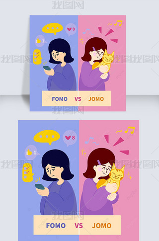 fomo vs jomo cute cartoon girl color contrast social media post