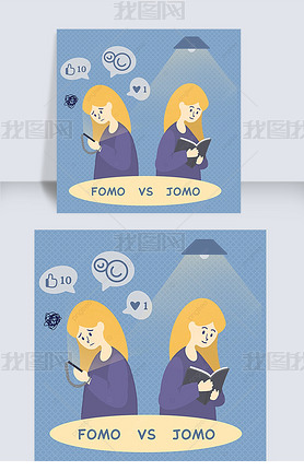 fomo vs jomo cute cartoon girl blue social media post