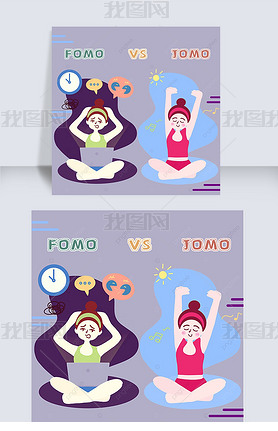 fomo vs jomo cute cartoon girl yoga and computer social media post
