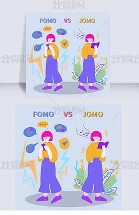 fomo vs jomo cute cartoon girl book and mobile phone social media post