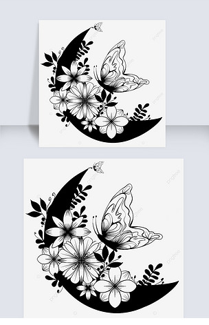 黑白剪影蝴蝶月亮花卉