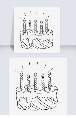 燃烧蜡烛的生日蛋糕黑白线稿剪贴画
