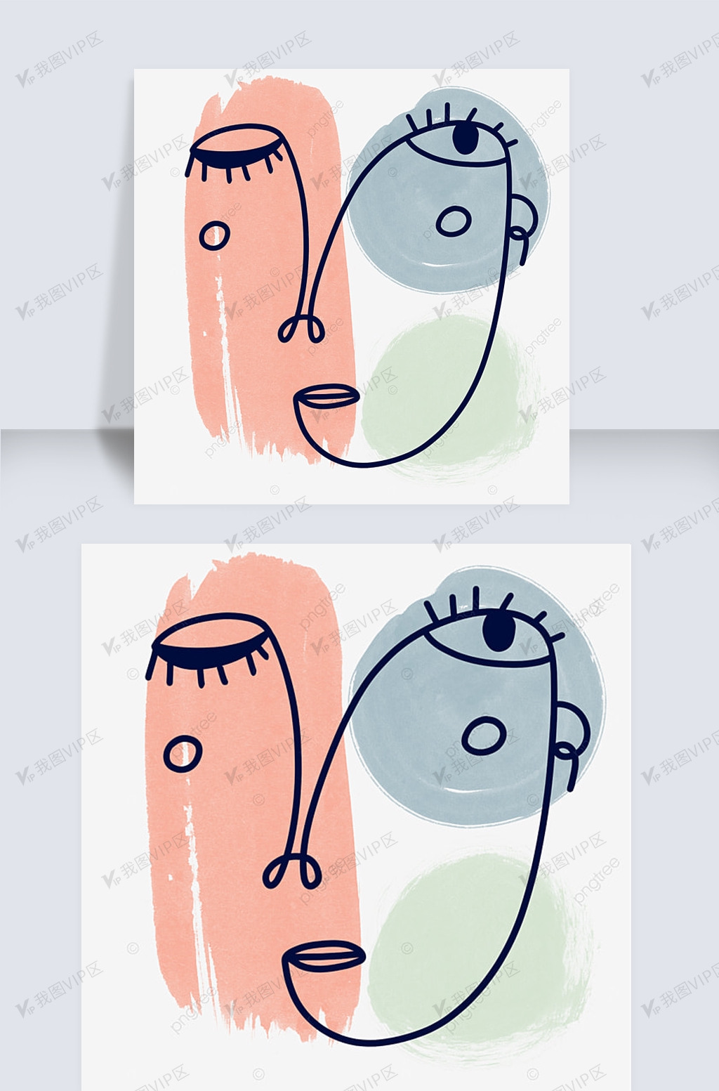 半闭眼正面脸部毕加索风格抽象线条画