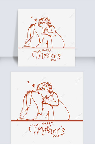 红色线条亲吻母亲女孩抽象线稿母亲节