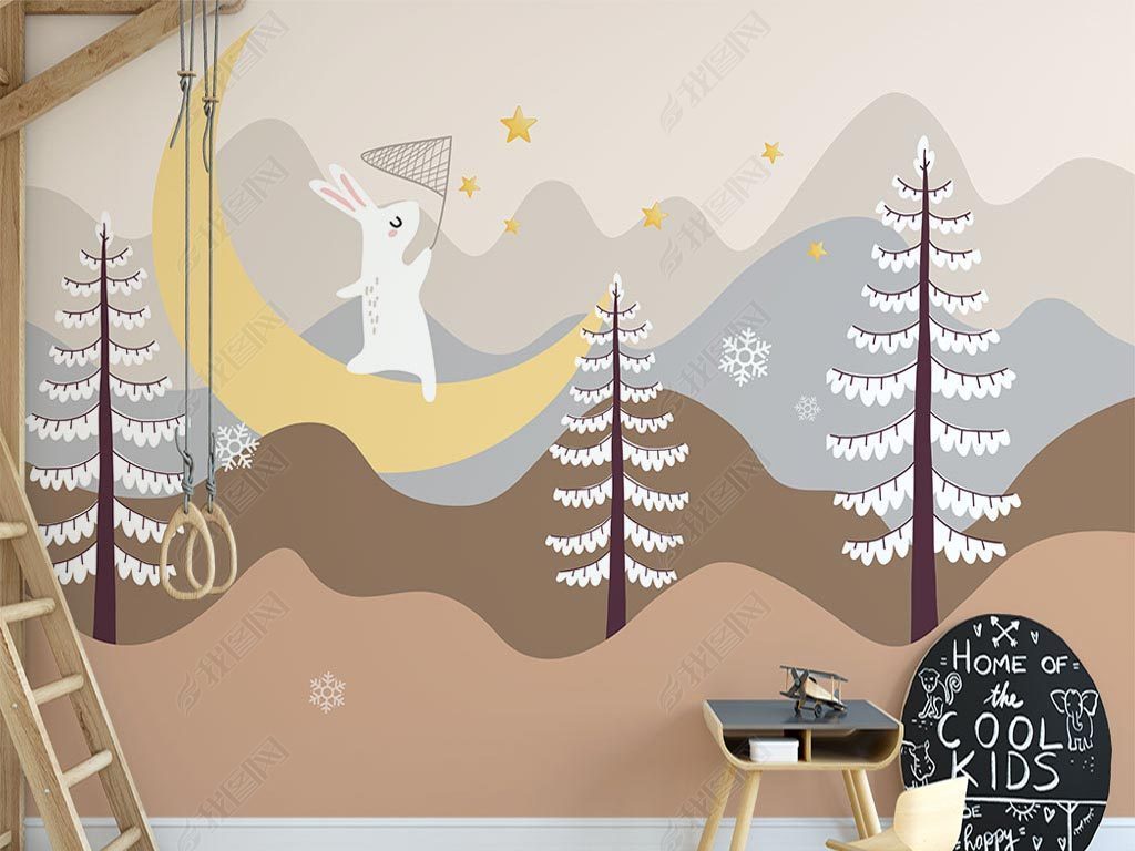 北欧ins手绘卡通森林兔子儿童房全屋壁画