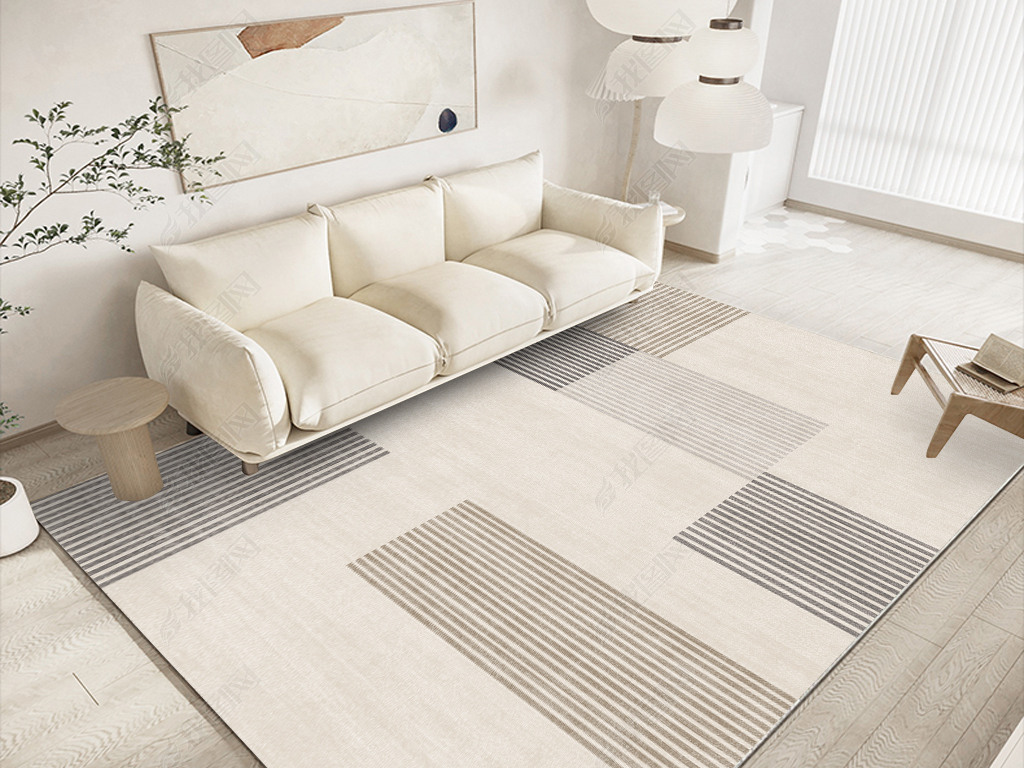 现代简约几何条纹侘寂风客厅卧室地毯地垫