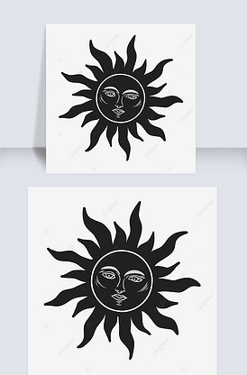 卡通面孔的太阳黑白插画