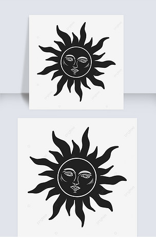 卡通面孔的太阳黑白插画