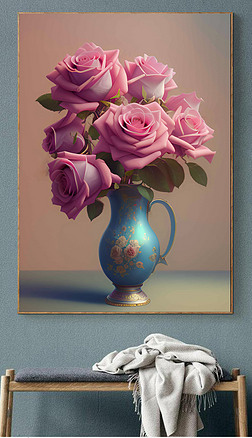欧洲西式粉色玫瑰花盆栽油画原创装饰画