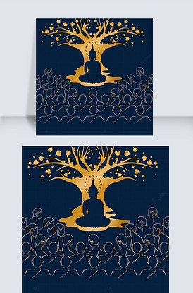 质感泰国万佛节菩提树镂空人物插画