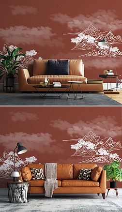 新中式红色云雾山水国潮背景墙