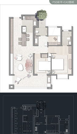 110㎡两居室CAD+PS彩平图