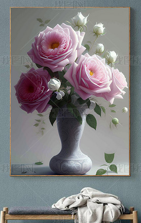 爱情红玫瑰与白玫瑰盆栽原创手绘装饰画