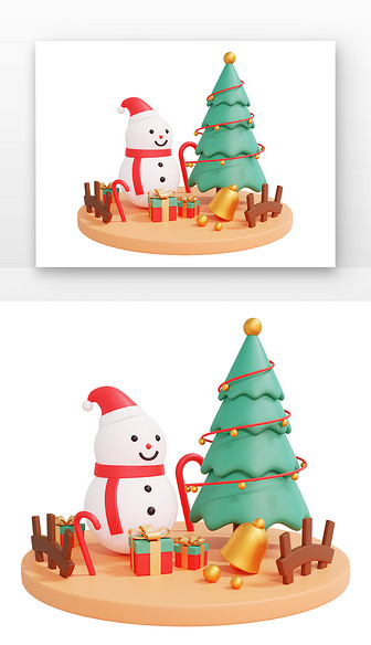 3D圣诞元素与场景圣诞节圣诞树雪人松树