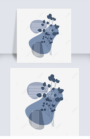 蓝色抽象画线几何植物