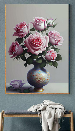 欧式古典粉色玫瑰盆栽景物原创手绘装饰画