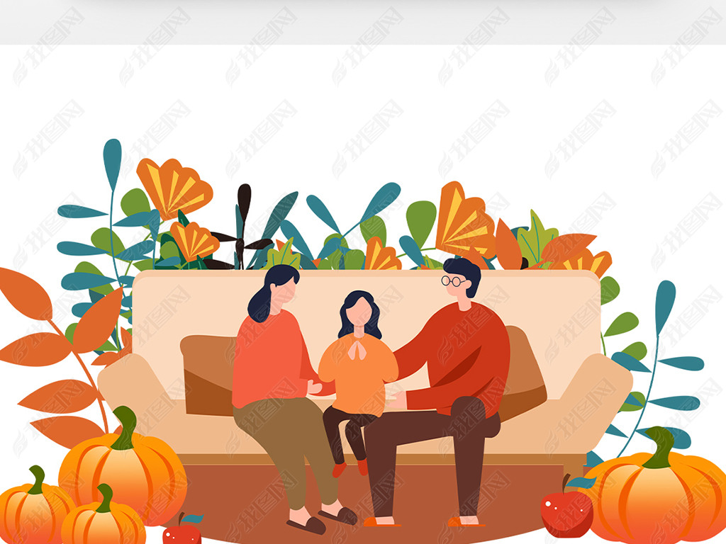 感恩节一家人在沙发上沙发叶子植物父母爸爸