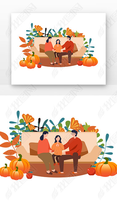 感恩节一家人在沙发上沙发叶子植物父母爸爸