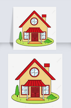 卡通树房屋免抠元素|home clipart卡通风格红色屋顶淡黄色墙壁家庭