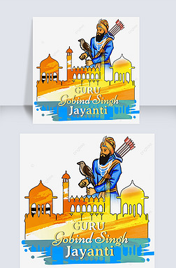 印度节日guru gobind singh jayanti彩色线条人物和建筑插画