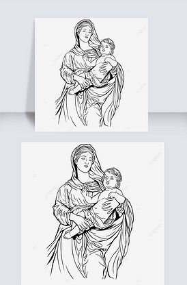 手抱上帝的圣母玛利亚线稿黑白素描