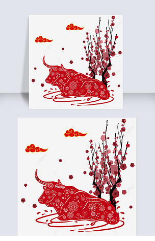 红色牛水波纹剪纸祥云