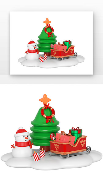 C4D圣诞元素场景圣诞节圣诞树雪人礼物盒