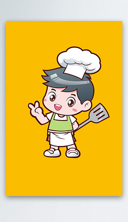 2022年餐饮卡通可爱小男孩厨师拿锅铲
