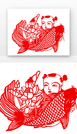 锦鲤鲤鱼免抠元素|红色古风吉祥剪纸新年年画娃娃抱鲤鱼荷花