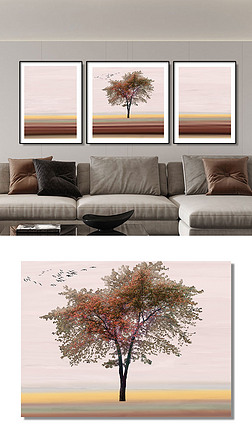 现代抽象小清新风景树客厅背景三联装饰画