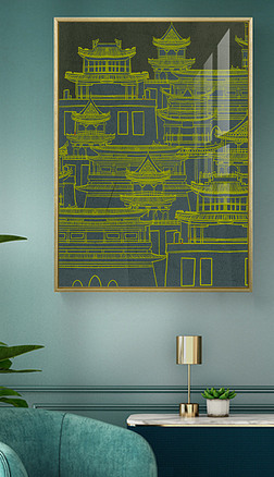 唯美国画装饰画|新中式鼓楼线条国画创意装饰画