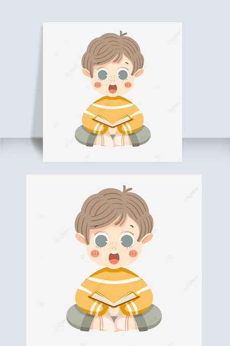 盘腿坐下看书的卡通可爱短发男孩