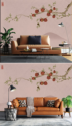 新中式柿子如意吉祥寓意客厅卧室背景墙