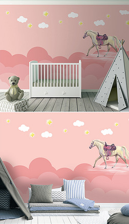 粉色ins风卡通儿童卧室背景墙
