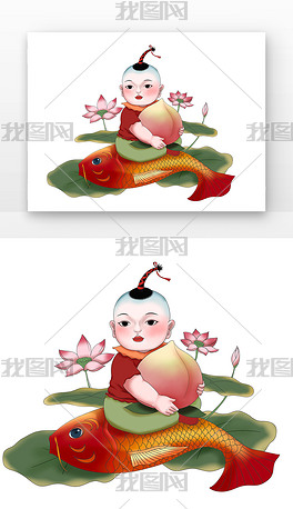 红色年画小孩抱着桃子锦鲤荷花荷叶