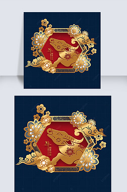 镂空花朵免抠元素|金色质感牛年镂空祥云和花朵装饰图案