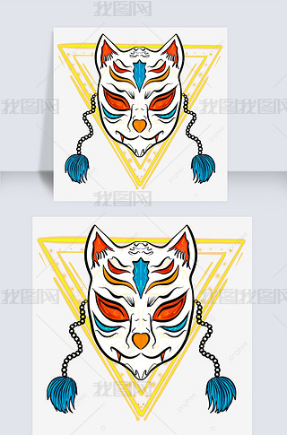 卡通手绘日本狐狸面具插画