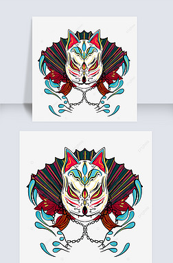 手绘卡通日本扇子狐狸面具插画