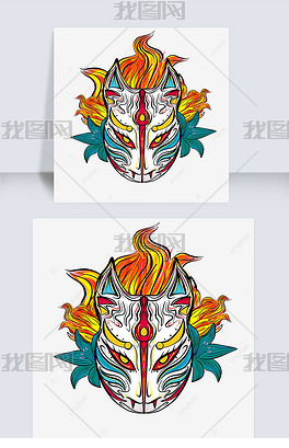 手绘火焰日本狐狸面具插画