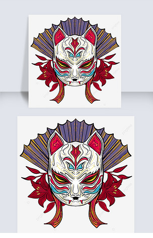卡通手绘日本狐狸面具插画
